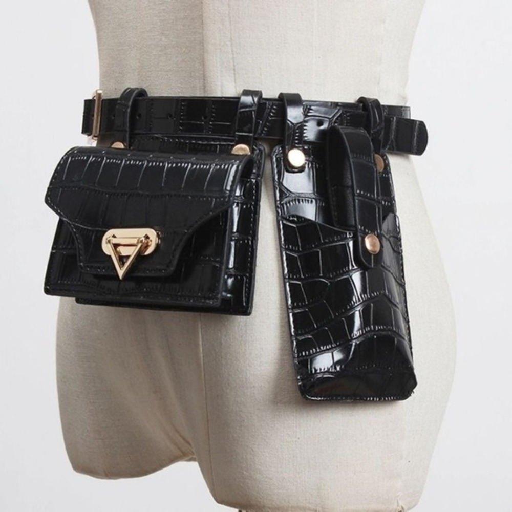 Women's‎ Black PU Leather Belt Bag Set with 2 Pouches, Croc-Embossed Fanny Pack